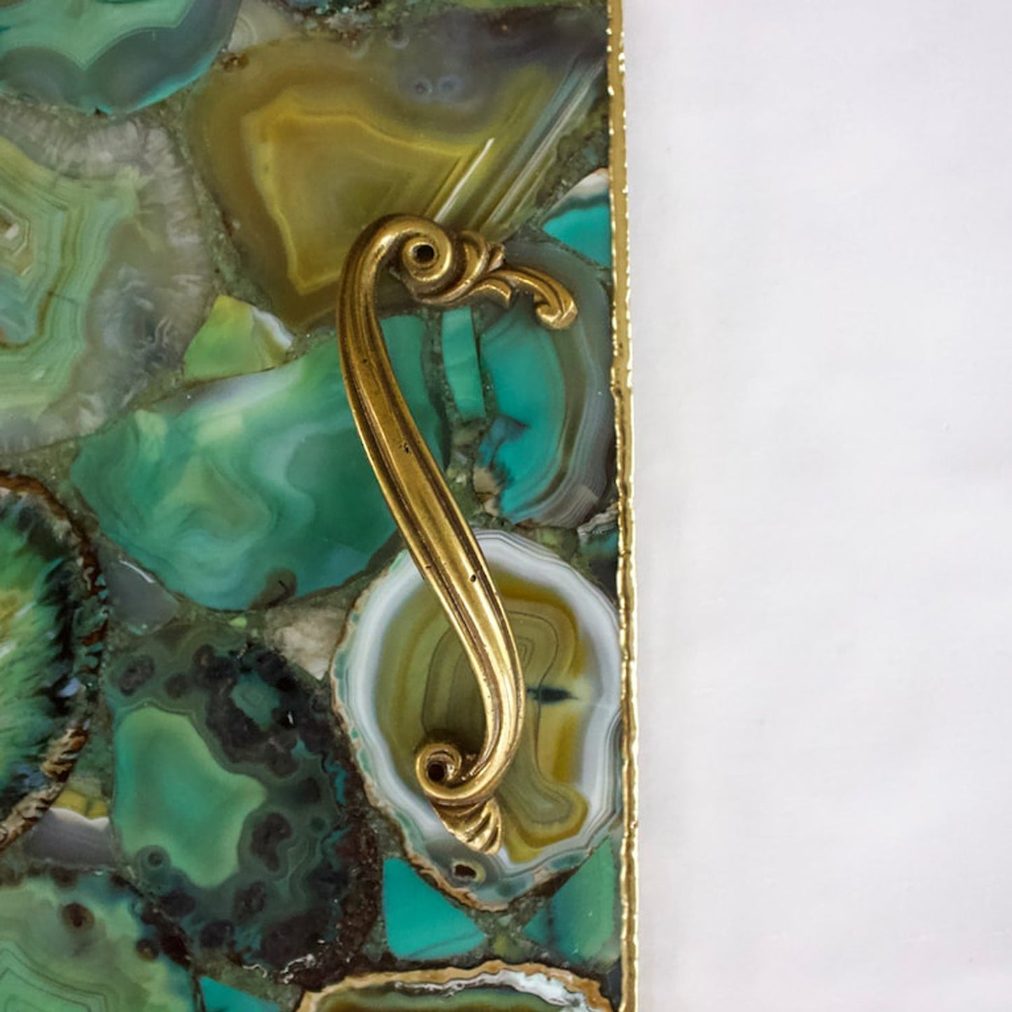Light Green Agate Serving Tray With Brass Handles | Square